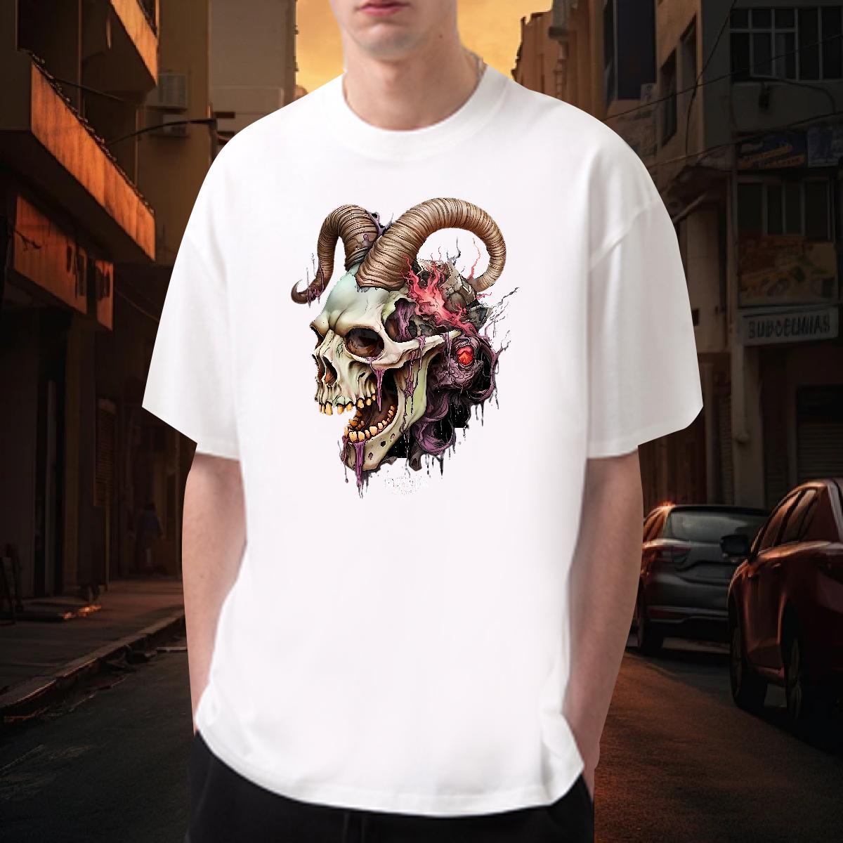 2024 T Shirts Men Skeleton 230g Cotton DIY Printed Men Clothes T-Shirt Street Casual Breathable Crew Neck Cotton Soft Tees Shirts