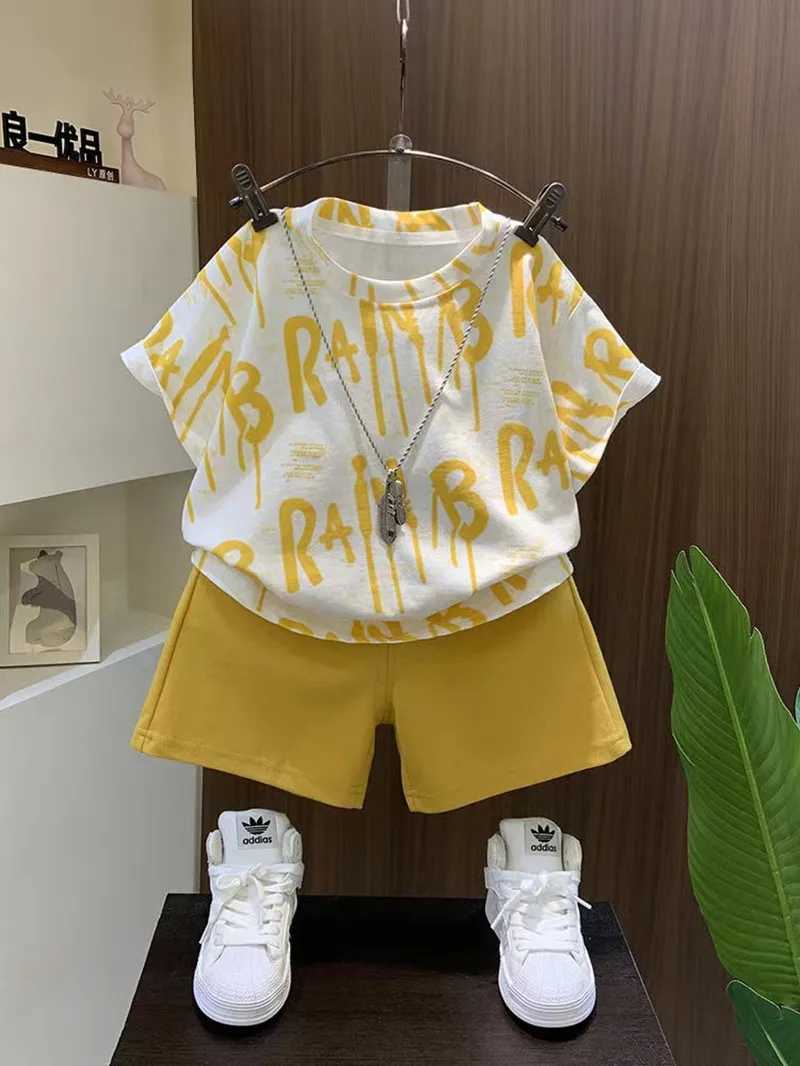Clothing Sets Boys Summer Short Sleeves Handsome Set New Childrens Letter Full Print T-shirt Baby Summer Short Sleeves Two Piece Set Thin