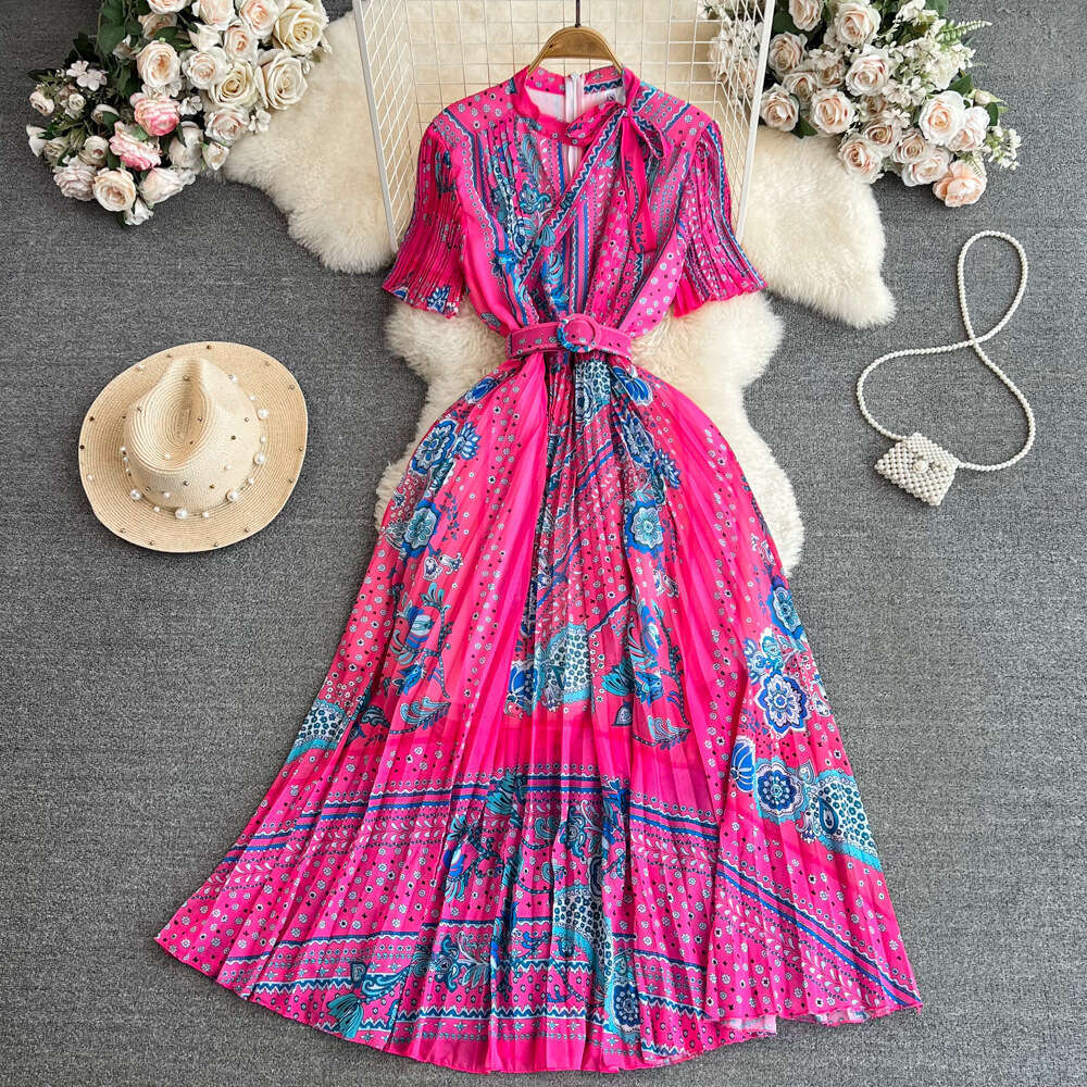 Light and Mature Style, Short Sleeved Stand Up Collar, Waist Cinched, Slimming A-line Printed Pleated Dress, Elegant Large Hem Long Skirt BOHO DRESS