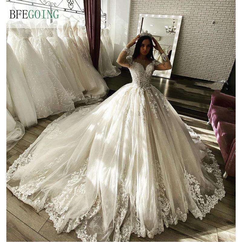 urious Ivory Lace Tulle Long Sleeves or-Length Ball Gown Wedding Dress Chapel Train Custom Made