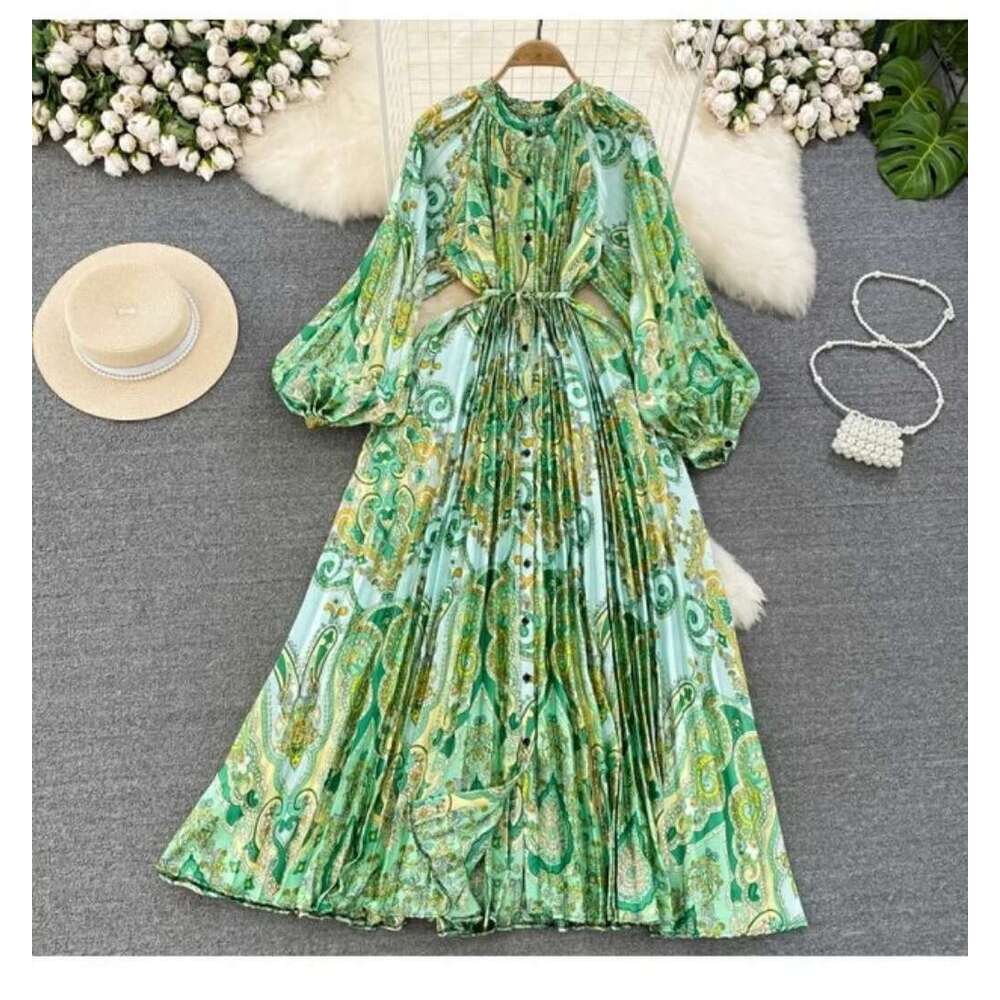 High End, Light Luxury, and Lantern Sleeved Round Neck with A Waistband That Looks Slim, Single Breasted Printed Dress, Elegant Long Skirt High Waist 