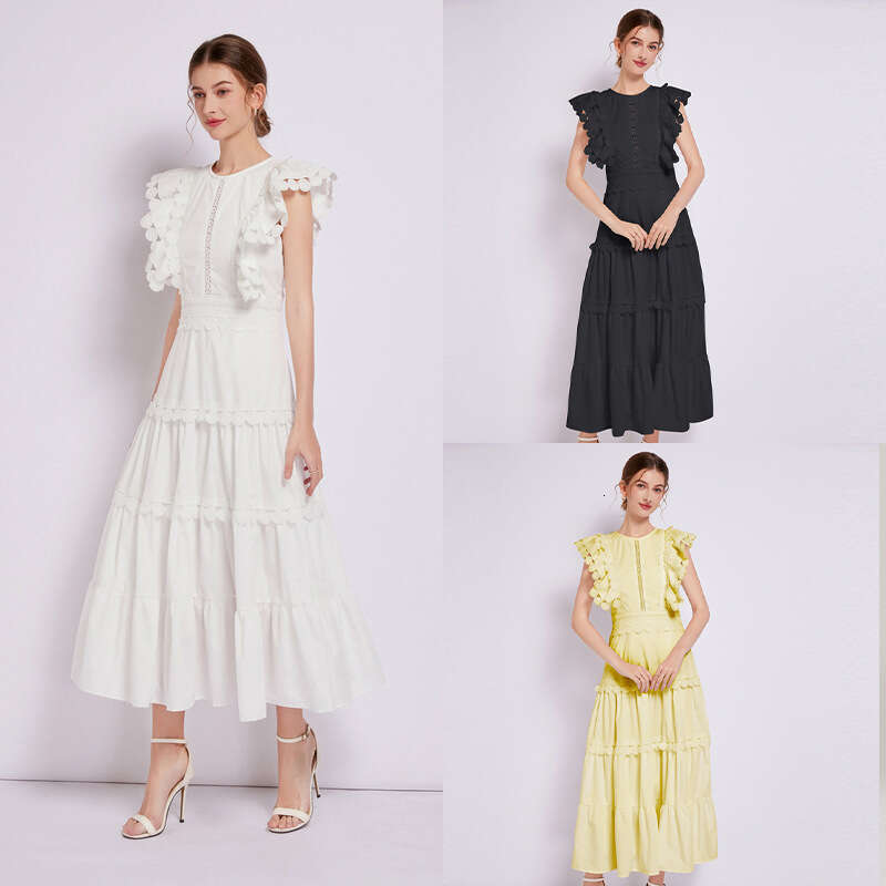 French Heavy Industry Embroidery Round Neck Flying Sleeves Waist Collection Design Solid Color Womens Dress A-line New Product Novelty Denim Dress Sil
