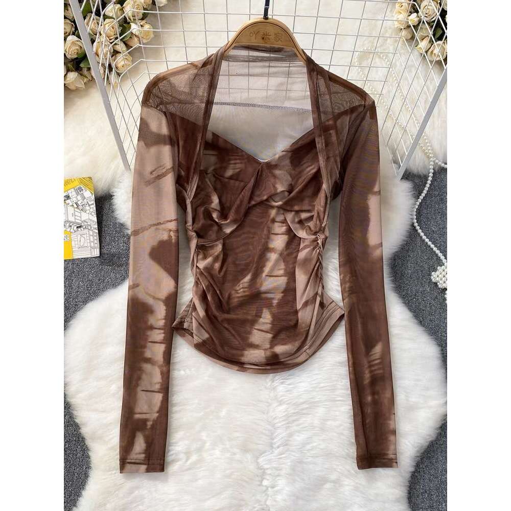 Summer Fashion Spicy Girl Camo Tie Dyed Long Sleeved V-neck Mesh T-shirt Womens Western Style Slim Fit Wrinkle Short Top Novelty Sexy Lace Dress BOHO 