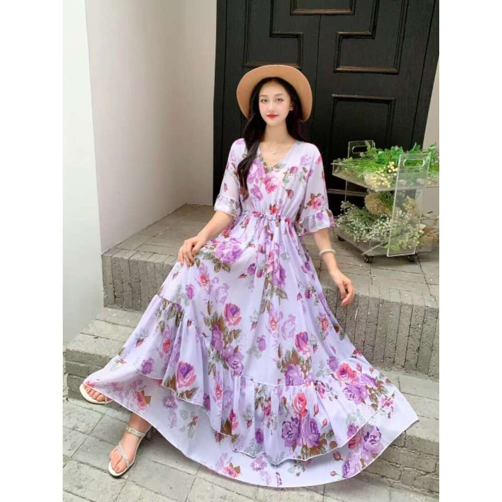 Summer New Ruffle Edge Style Fragmented Flower Slim Fit Waist Slimming Lace Up Chiffon Short Sleeve Long Dress Vacation Oversize Dress Pregnant Womens
