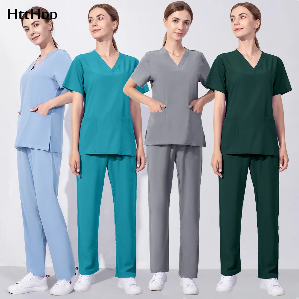 Womens Scrub Wholesale Short Sleeve V-neck Carer Set Nurse Uniforms Men Beauty Salon Working Uniform Pet Shop Cleaning Workwear 240716