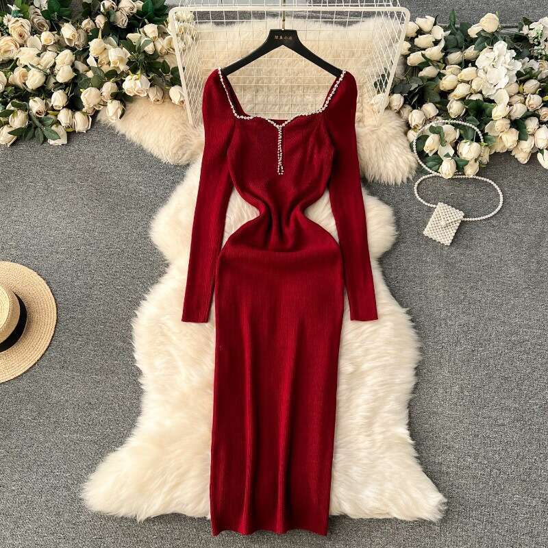 Autumn and Winter Dress with High-end Feel, Heavy-duty Diamond Inlaid Square Neck, Slim Fit, Buttocks Wrapped Skirt, Temperament, Medium Length Knitte