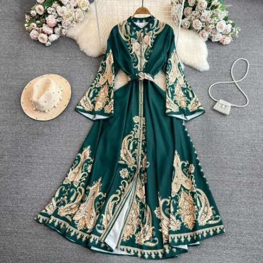 Palace Style Speaker Long Sleeved Lapel with Waistband Single Breasted A-line Positioning Printed Dress for Women Loose Bifurcated Lace Dress