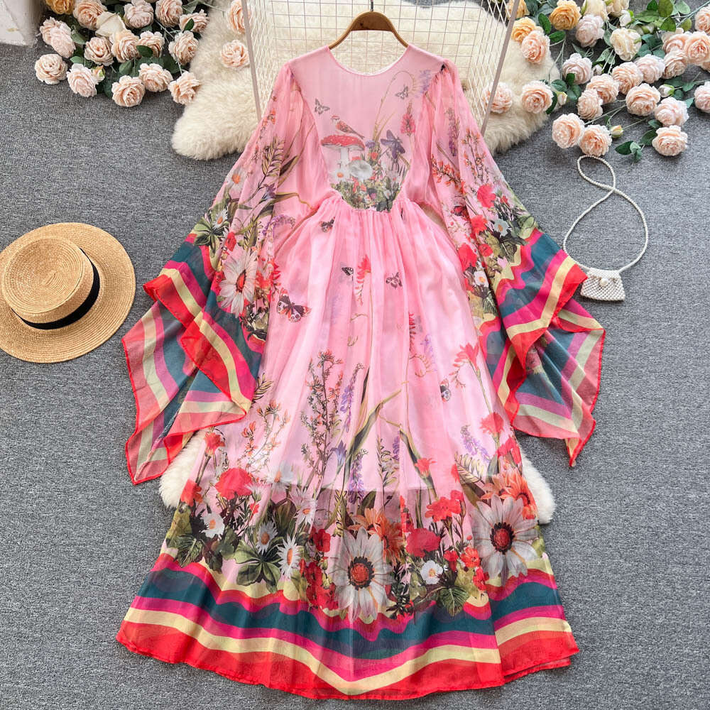 Spring and Autumn Fashion Palace Round Neck Horn Sleeve Lazy Loose Printed Western Style Long Dress Chiffon Floral Dress Sexy Waist Silk Dress