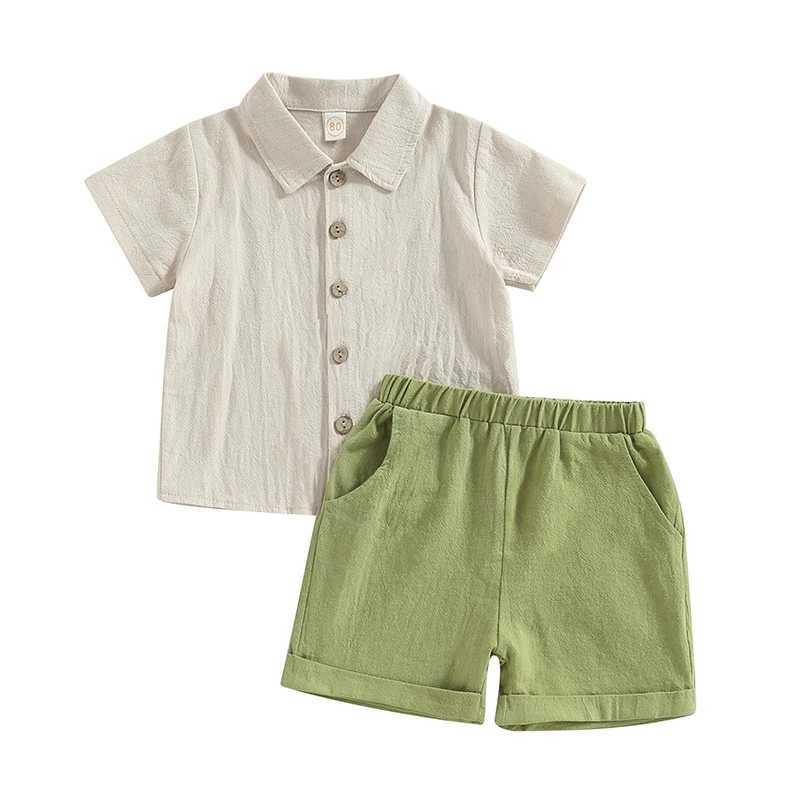 Clothing Sets Kids Boys Summer Outfits Solid Color Turn-Down Collar Short Sleeve Shirts + Elastic Waist Shorts 2Pcs Children Clothes Set