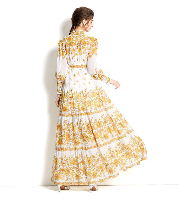 Design -2022 Standing Neck Lantern Sleeves Single Flap Wave Edge Long Printed Dress Autumn Dress Women Temperament Self-cultivation SKINNY DRESS