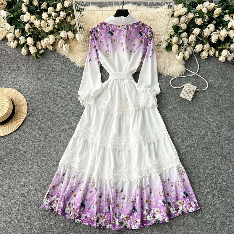Early Spring New Dress Design with Lace Patchwork, Niche Printed Ruffle Edge Skirt, Bubble Sleeve Shirt Skirt Waist Short Self-cultivation Sexy Round 