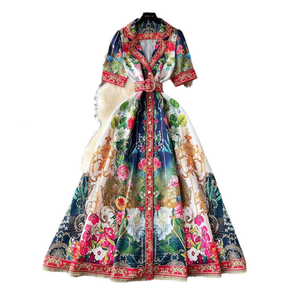 Fashion Ventilation 2024 Summer New Womens Shirt Collar Single Breasted Waist Wrap Print French Elegant Long Dress Floral Dress Waist Novelty Round Ne