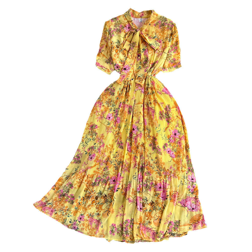 French First Love Sweet Short Sleeved Bowtie Tie Waist Slimming Mid Length A-line Pleated Flower Dress Waist Short Loose Temperament Pregnant Womens D