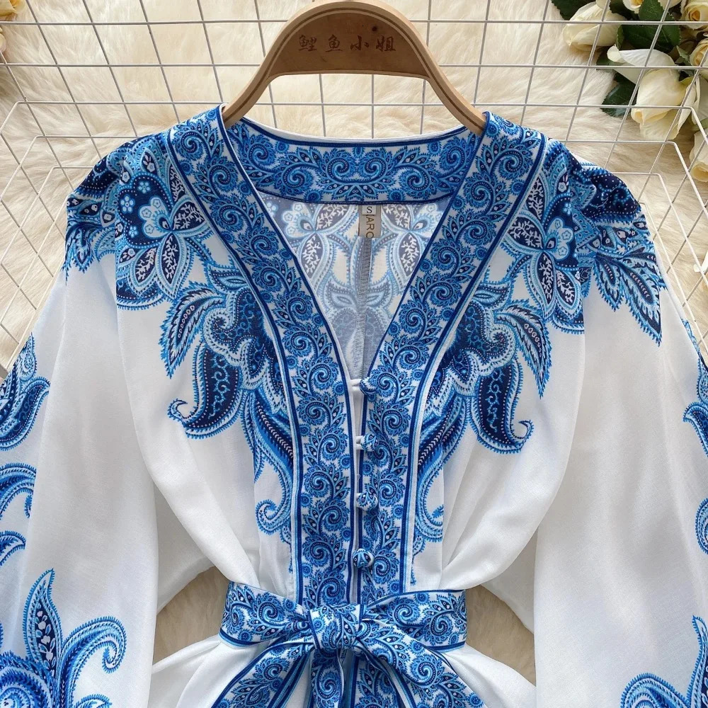 Vintage Print Elegant Puff Sleeve Aline Vneck Mini Dress Casual Women Fashion Autumn Spring 240715
