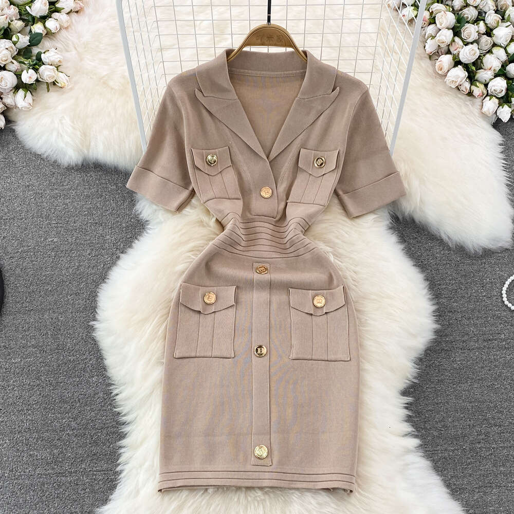 Elegant Small Figure Short Skirt That Covers the Butt, Womens Westernization, Age Reduction, Slimming Appearance, Ice Silk V-neck Knitted Dress with A