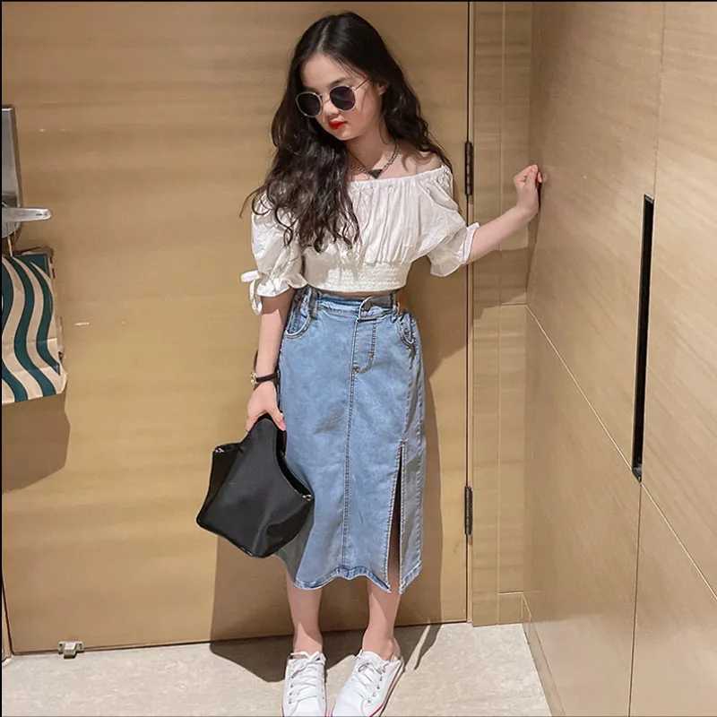 Clothing Sets Clothing Sets 2024 New Summer Girls Fashionable Set Big Childrens Clothing Off Shoulder Doll Shirt+ Split Denim Skirt 4-13 Y