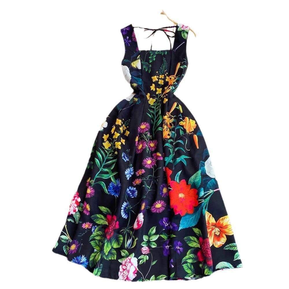 French Haute Couture Tea for Summer Break, Fashionable Elegant, Slimming Slimming. Sleeveless, Backless and Waistless Print with A-line Dress High Wai