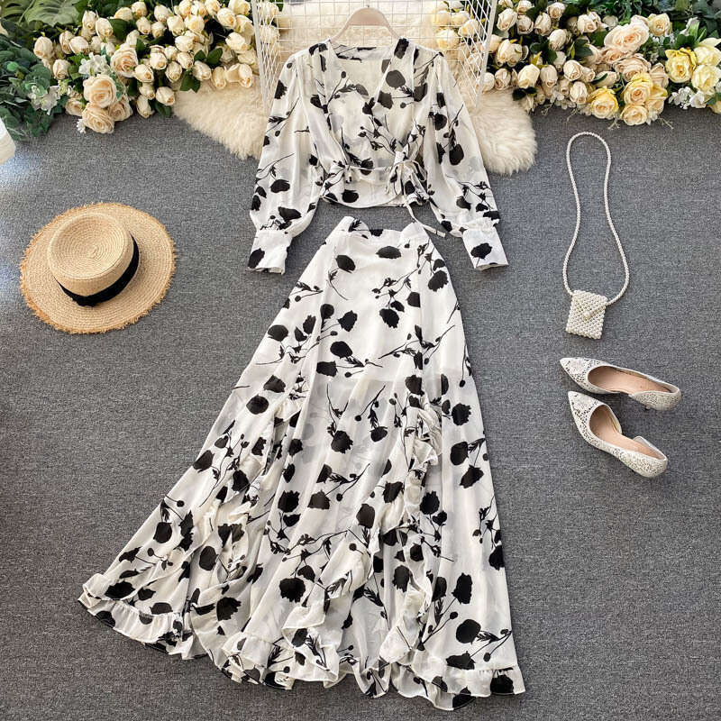 Autumn Womens Vacation Style Printed Short Chiffon Shirt Design Feeling Wooden Ear Split Half Skirt Two Piece Set Trendy Loose Sexy Denim Dress BOHO D