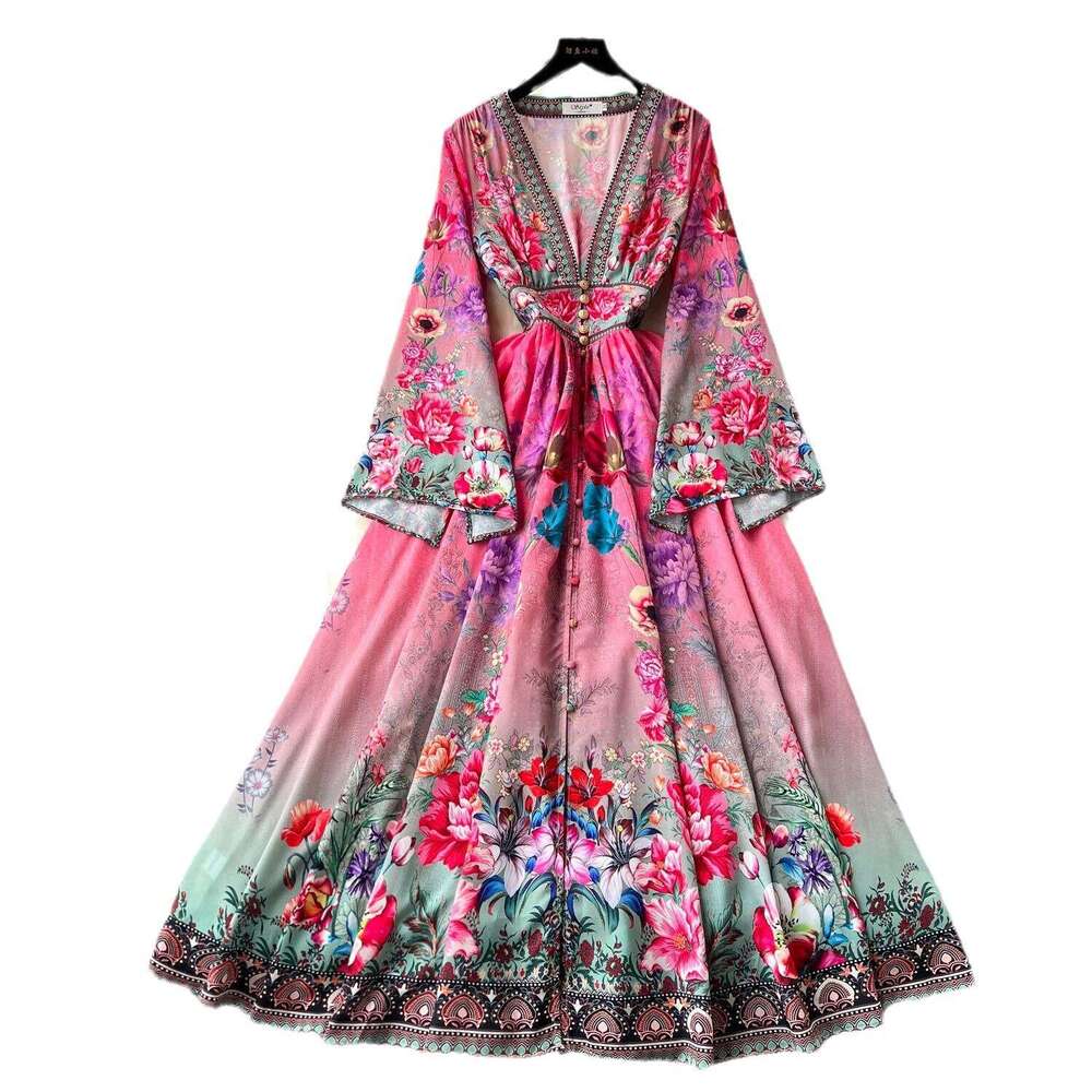 Palace Loudspeaker Long Sleeved High Waist Womens Deep V-neck Single Breasted Slimming Large Hem Printed Dress Floral Dress Temperament Novelty Oversi