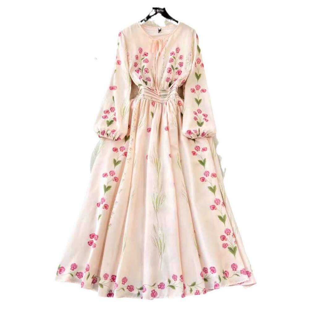 Noble Temperament, Sleeved Positioning Print, Waist Cinching, Large Hem Dress, High-end Feeling, Slimming French Long Skirt Novelty Loose Denim Dress