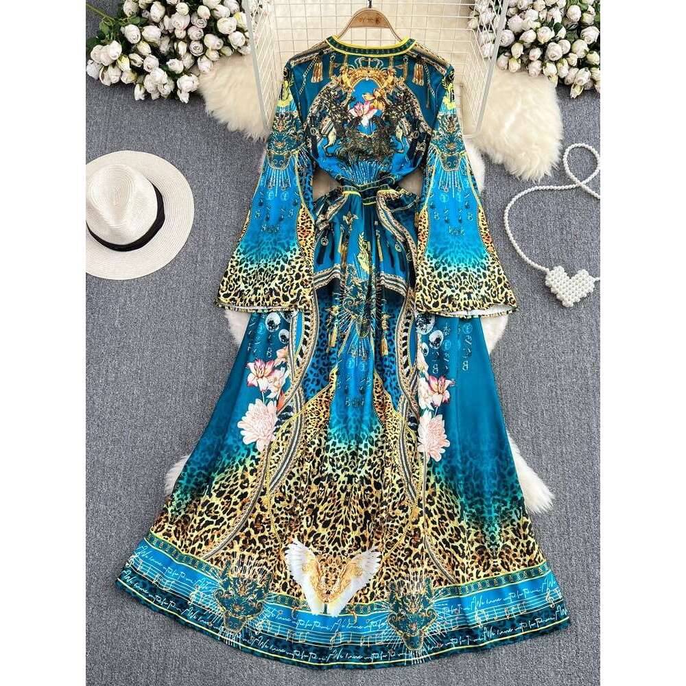 High End Temperament Speaker Sleeved V-neck Waistband Slimming Single Breasted A-line Printed Dress Elegant Long Skirt Short Temperament BOHO DRESS De