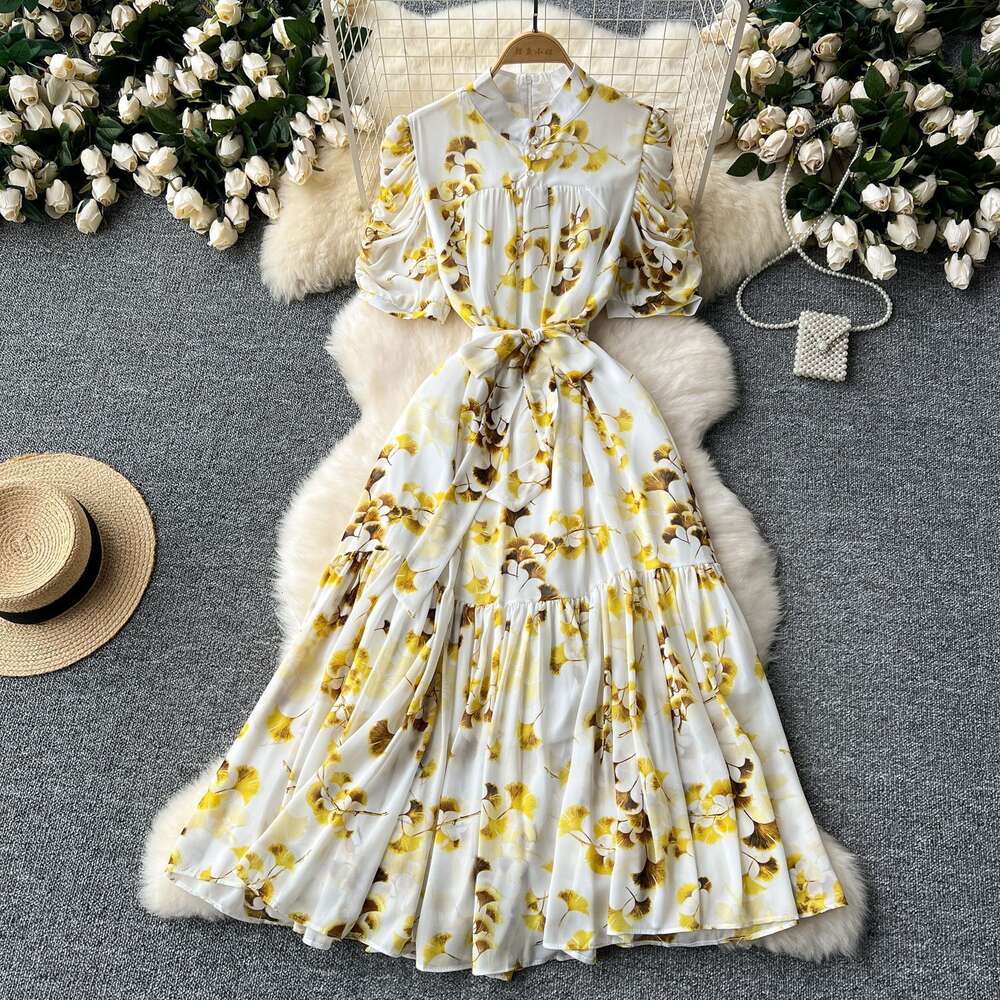 Summer Design Feeling Pleated Bubble Sleeve Dress Women with Waist Cinching Strap for Slimming Temperament, Ruffle Edge Printed Chiffon Skirt Oversize
