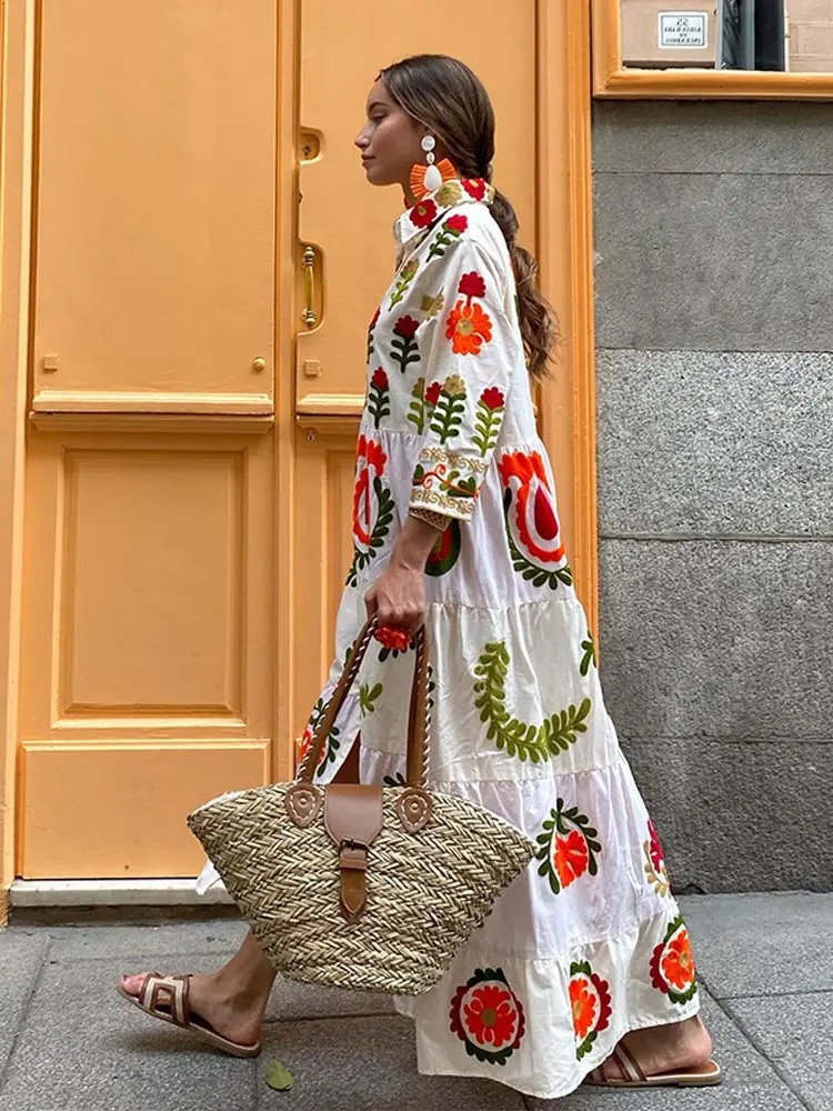 Single Breasted Lapel Printed Dress Women Threequarter Sleeve Ruffled Long Loose Robes Summer Ladies Casual Vocation Vestidos 240715