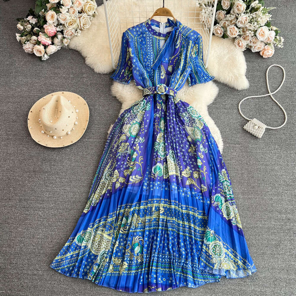 Light and Mature Style, Short Sleeved Stand Up Collar, Waist Cinched, Slimming A-line Printed Pleated Dress, Elegant Large Hem Long Skirt BOHO DRESS