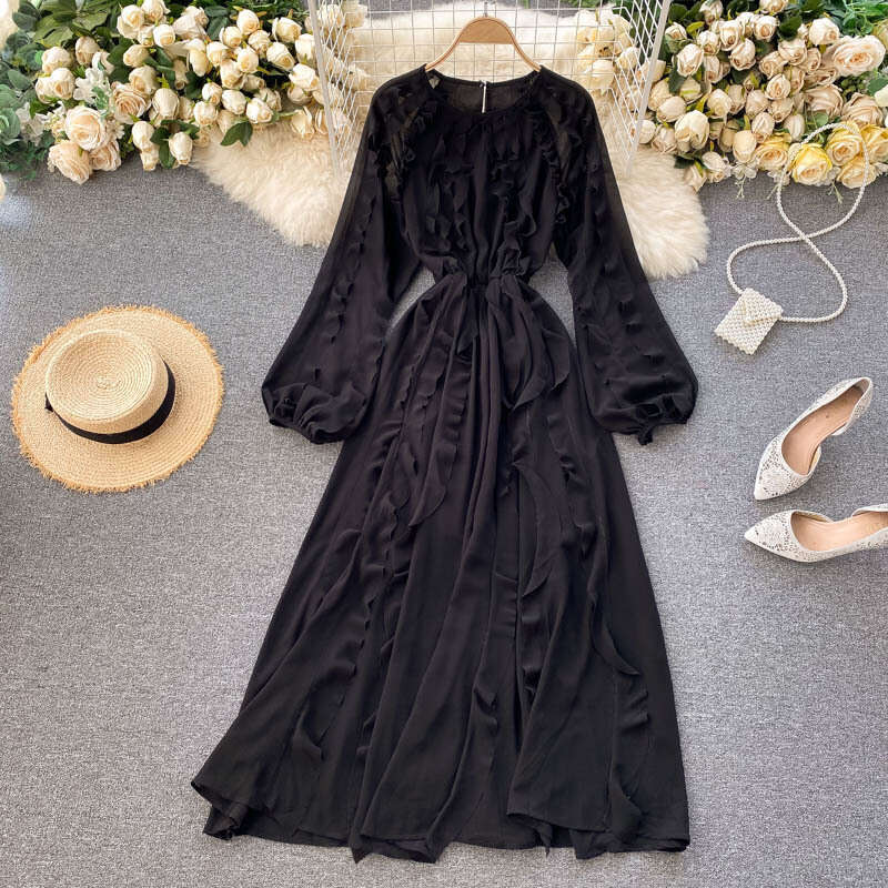 Fairy Gentle Style 2020 New Autumn/winter Design Sweet Auricular Edge Bubble Sleeves Holiday Long Dress Temperament Sexy Round Neck Dress Silk Dress