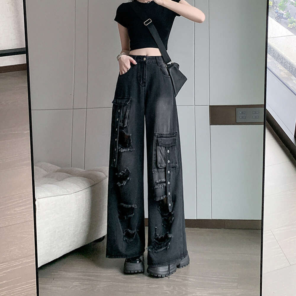 ~black Multi Pocket Ripped Workwear Jeans for Women's Summer New High Waisted Straight Leg Pants Super Elasticity Pants Trousers Cartoon Gold Vel