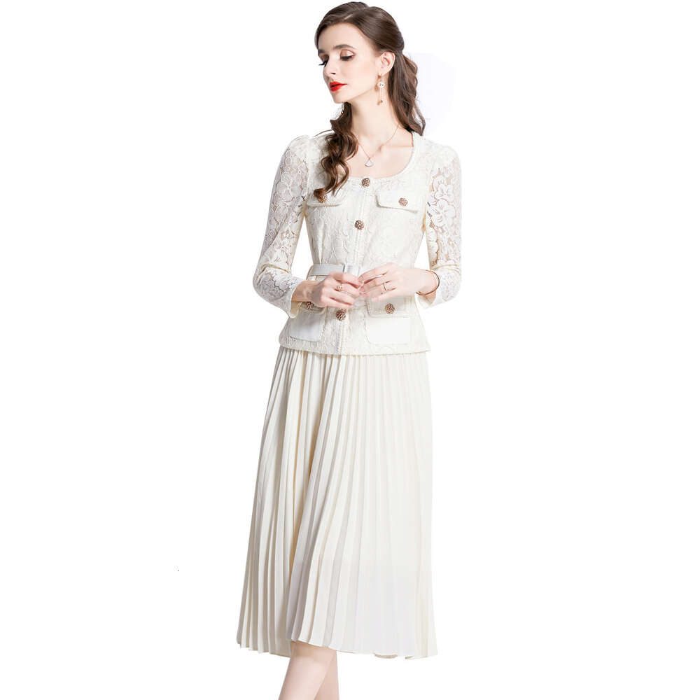French Small Fragrant Style for Women with A High-end Feel. Heavy Work Nail Bead Metal Buckle Square Neck Lace Patchwork Pleated Fairy Dress Silk Dres