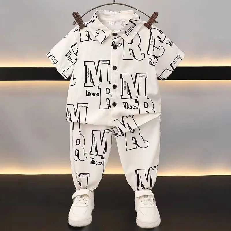 Clothing Sets 2-9Y Teenage Boys Shirt Set 2024 New Handsome Childrens Summer Short Sleeve Letter Shirt +Long Pants Baby Boy Summer Clothing