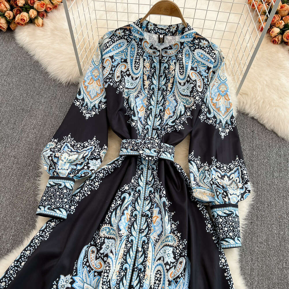 Palace Style Printed Long Sleeved Waist Cinched Single Breasted Lantern Sleeve A-line Large Hem Elegant Formal Dress Temperament Denim Dress SKINNY DR