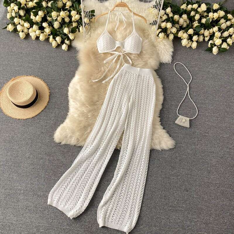 Seaside Hot Spring Resort Set Womens Summer Sexy Bikini Strap Hanging Neck Design with Hollow Knitted Wide Leg Pants Pregnant Womens Dress BOHO DRESS