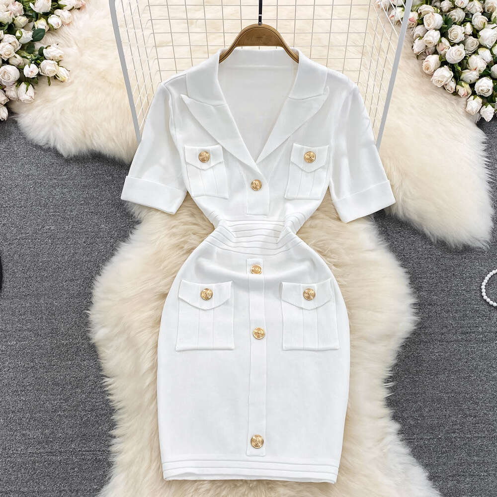 Elegant Small Figure Short Skirt That Covers the Butt, Womens Westernization, Age Reduction, Slimming Appearance, Ice Silk V-neck Knitted Dress with A