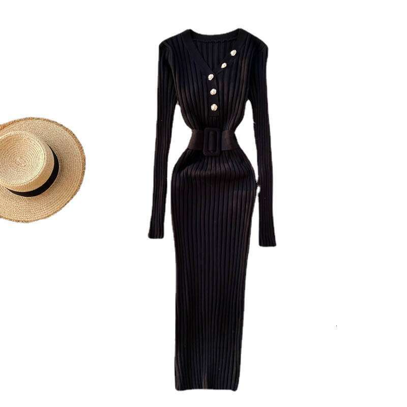 Knitted Dress New Autumn/winter Design Feeling Waist Belt, and Pit Strip Slim Fit Long Sleeve Bottom Skirt Bifurcated Loose SKINNY DRESS Lace Dress