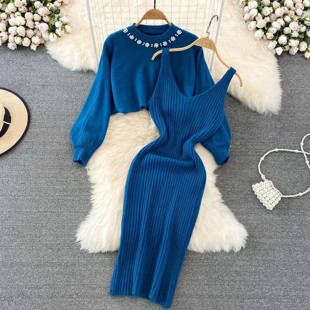 Socialite Temperament Round Neck Nail Bead High Waist Short Exposed Belly Button Sweater Two-piece Set Spicy Girl Knitted Vest Dress Sexy Short High W