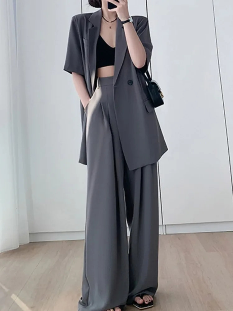 Short Sleeve Wide Leg Pants Blazer Suit Two Piece Set Summer Fashion Work Business Casual Female Clothes 240712