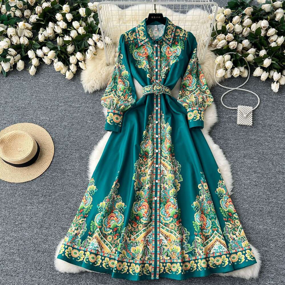 High End Formal Dress, Elegant and Fashionable Palace Style, Printed Waist Cinching Single Breasted Large Swing French Dress Loose BOHO DRESS Round Ne