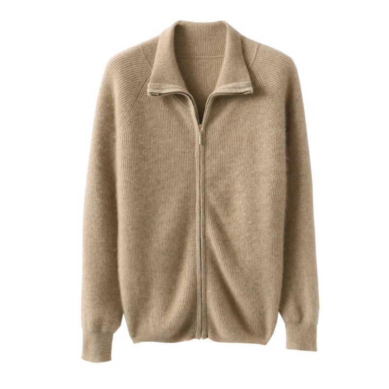 Autumn and Winter Women 100% Wool Cashmere Sweater Ladies Zipper Lapel Cardigan Warm Knitted Jacket 240712