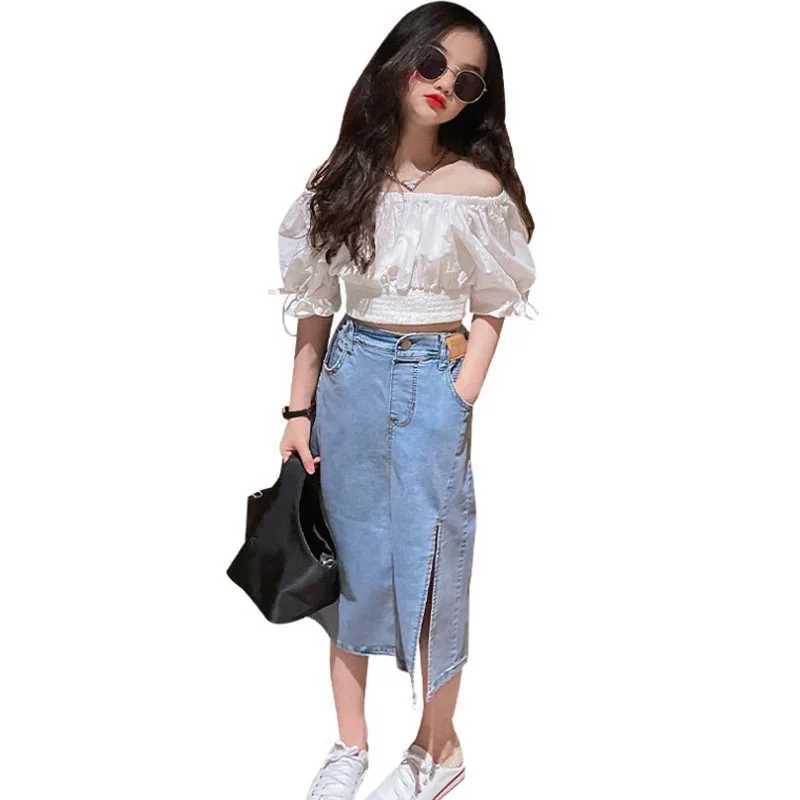 Clothing Sets Clothing Sets 2024 New Summer Girls Fashionable Set Big Childrens Clothing Off Shoulder Doll Shirt+ Split Denim Skirt 4-13 Y