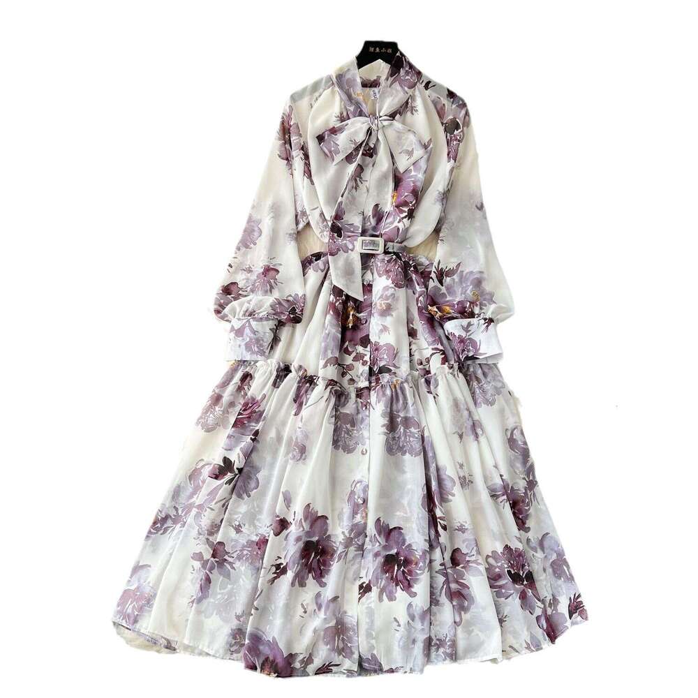 2024 Early Spring New French Bow Neck with Waist Closure for Slimming Mid Length Printed Style Dress Sexy Waist Temperament Self-cultivation Denim Dre