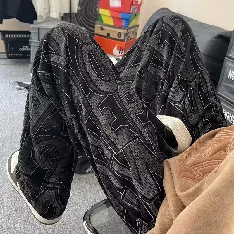 Y2K Casual Pants Men High Street Corduroy Letter Printed Wide Leg Track Streetwear Spring Autumn Sports Pants Sweatpants Male 240708