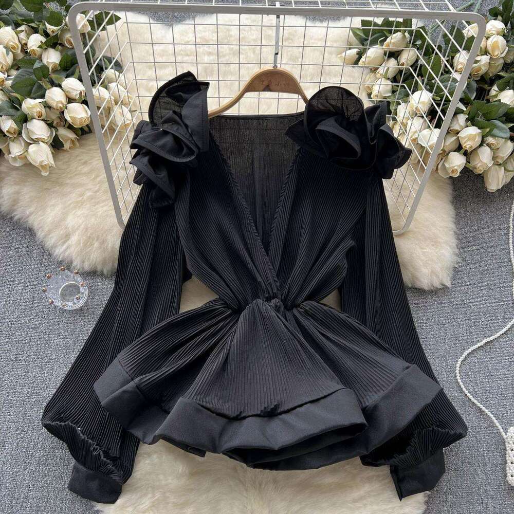 Fashion Spring and Autumn Design Sense, Elegance, Three Dimensional Flower, Ruffle Edge, Folded V-neck Pullover Shirt for Women Round Neck Dress SKINN