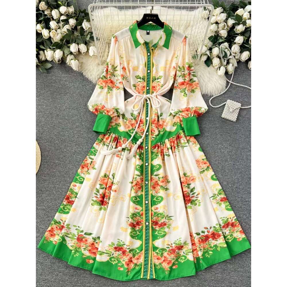 New French Style Lapel Lantern Sleeve Printed Dress Women with Tie Up Waist for Slimming and Elegant Dressing Long Summer Dress Short Bifurcated SKINN