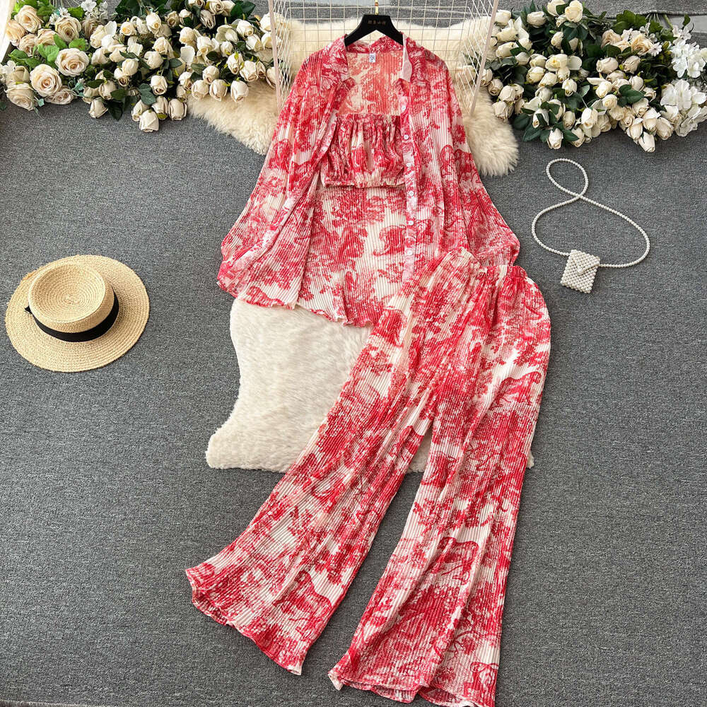Dopamine Sister Pure Desire Fashion Set Women's Spring/summer Loose Pleated Shirt+bra+draping High Waist Pants Long Summer Dress Novelty Waist Ov