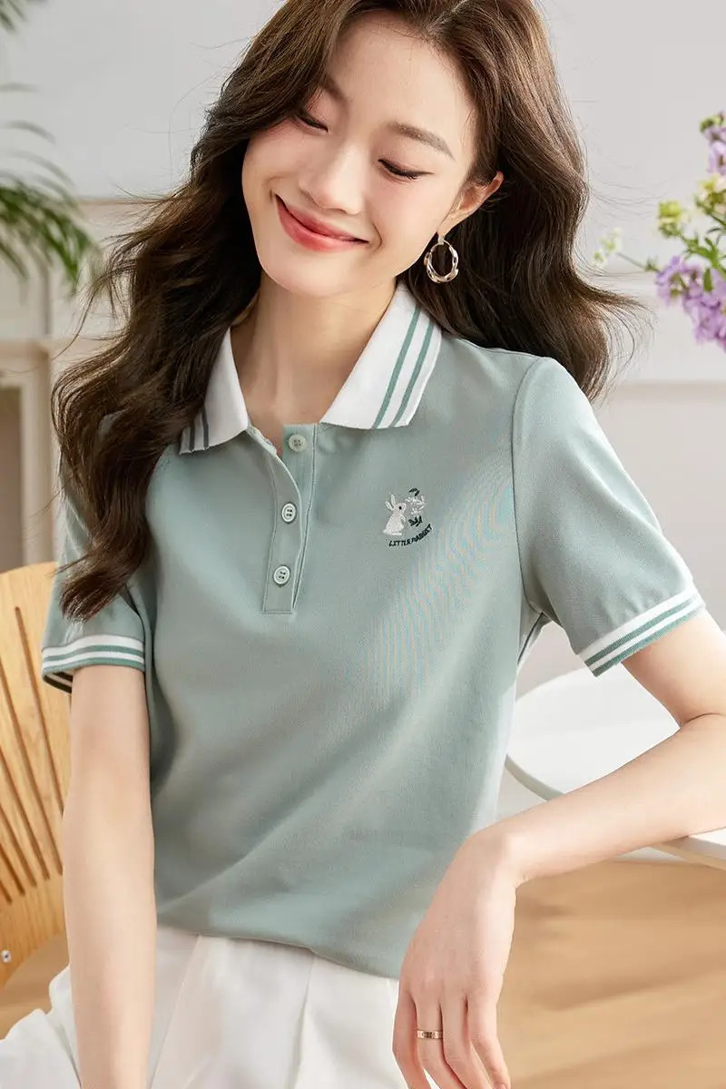 Polo Shirt Women Short Sleeve Buttons Collar Cotton Casual T-shirt Solid Sportswear Female Golf Clothes Summer Pullovers 240713