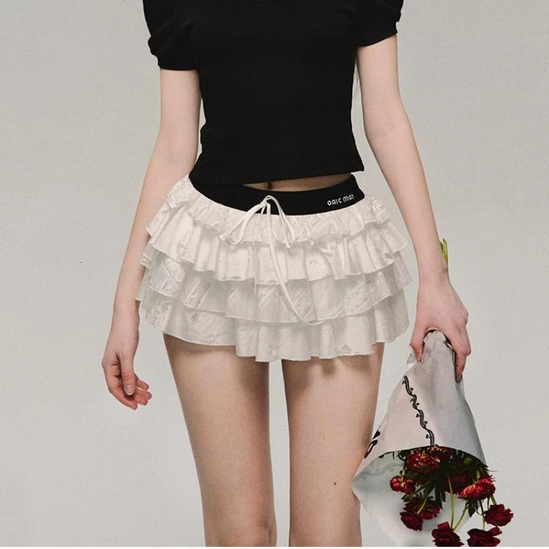 Deeptown Kawaii Sexy Ruffle White Mini Skirt Fairycore Cake Pleated Lace Up Short Skirts Coquette Casual Layered Patchwork Skirt 240710