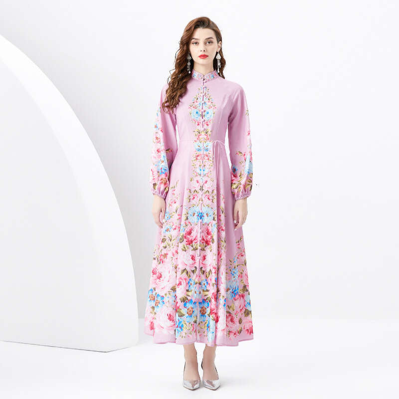 Ladies 2024 Spring/summer - Vacation Style Stand Up Collar Single Breasted Diagonal Cut Print Wide Swing Long Dress Bifurcated Sexy BOHO DRESS Round N