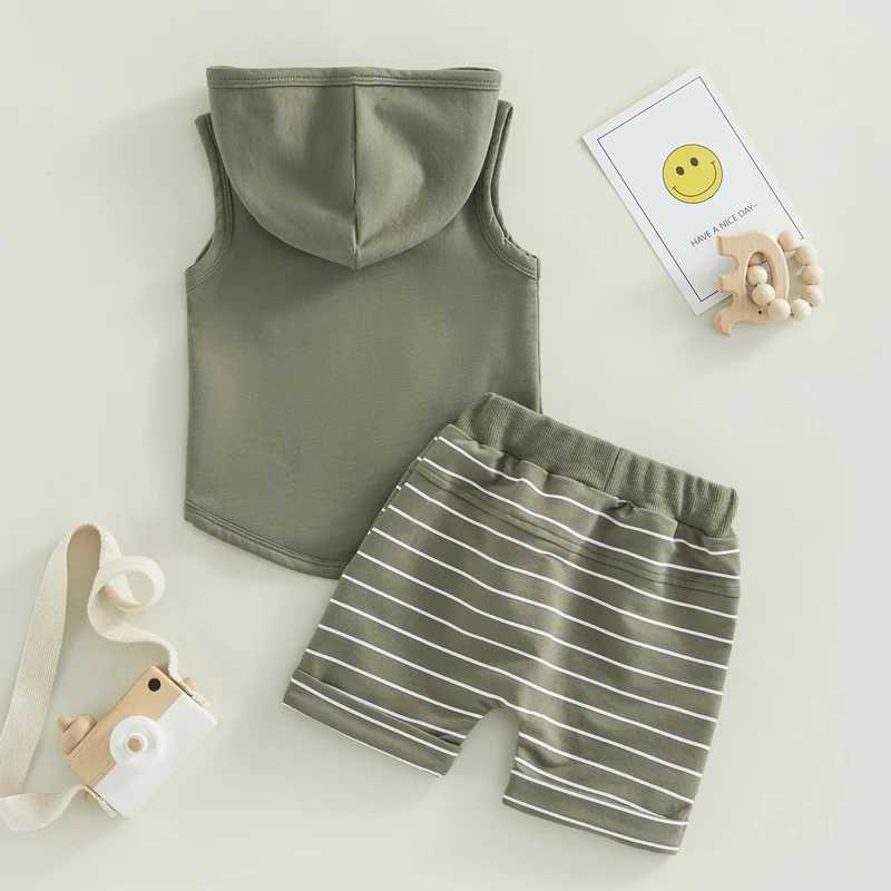 Clothing Sets Toddler Boys Summer 2PCS Outfit Cotton Baby Boys Costume Sets Sleeveless Hooded Tank Tops + Striped Drstring Shorts 0-3Y
